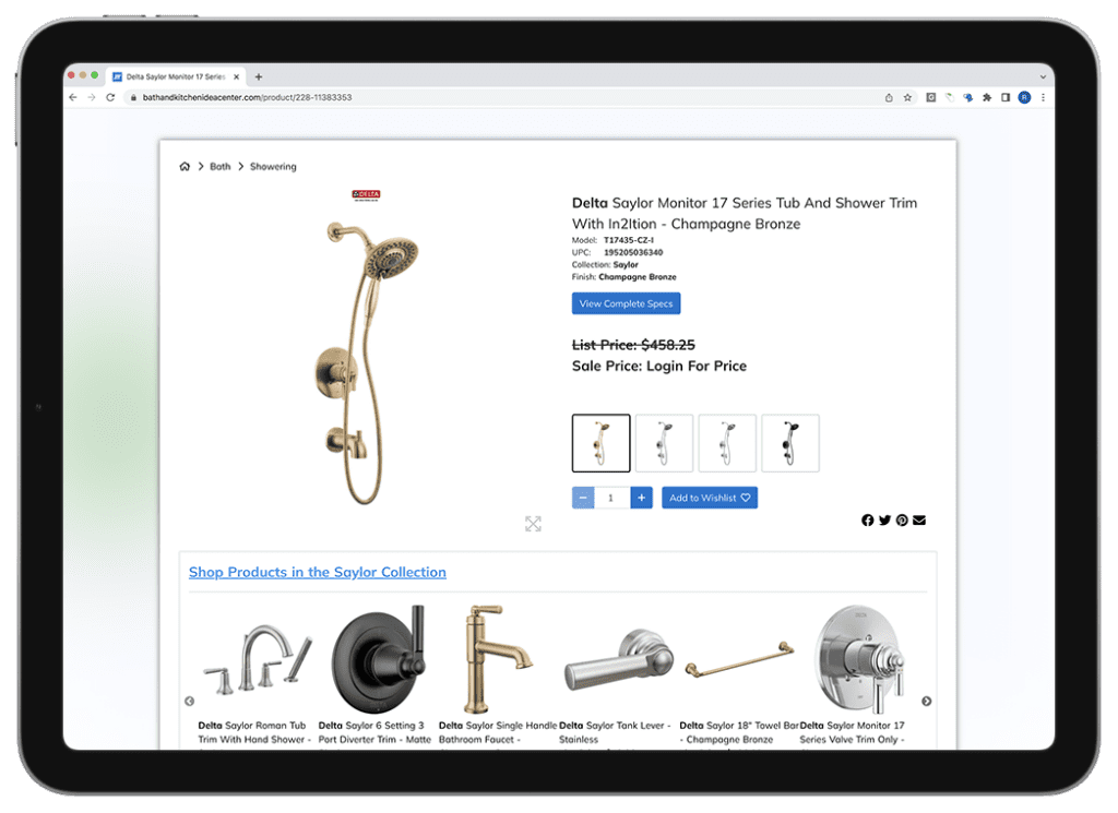 A tablet shows a product information page for a showerhead, labeled "Delta Saylor Monitor 17 Series Tub and Shower Trim with In2ition - Champagne Bronze". It is available in four colors and has a list of additional products available in the Saylor collection.