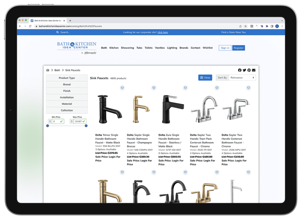 A tablet shows a shop page for "Bath & Kitchen Idea Center by Winsupply" with a variety of faucets in gold, black, and silver finishes. The page layout includes category, filter, and sorting options, a price slider, and the ability to favorite products.